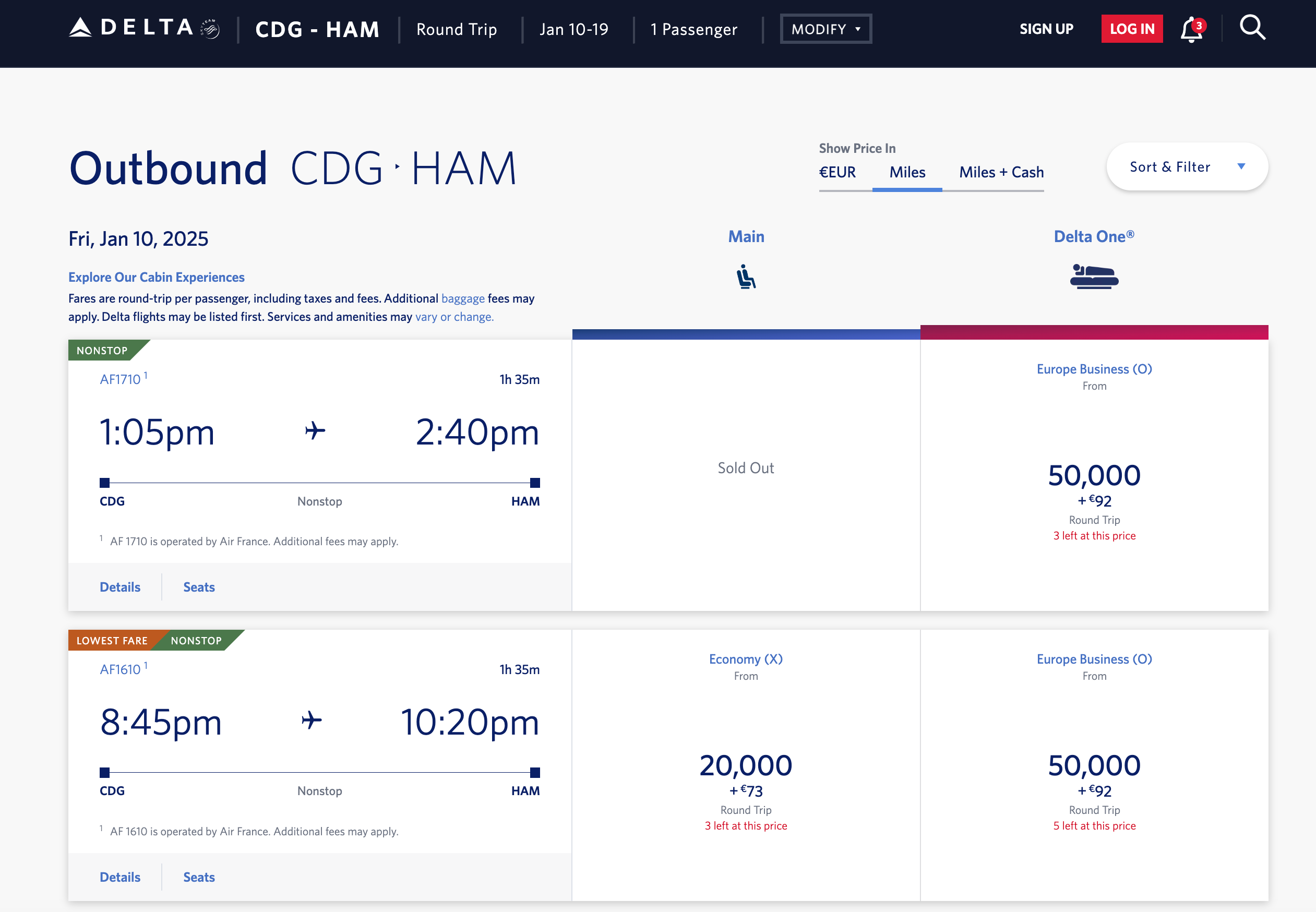 Paris to Hamburg award search results.